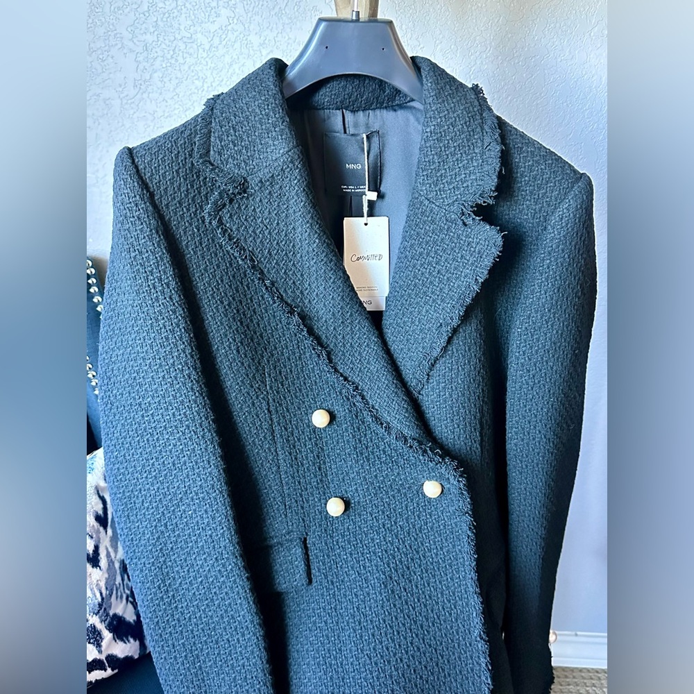 Mango Sz L Black Quintin Blazer Tweed Pearl Button Jacket NWT